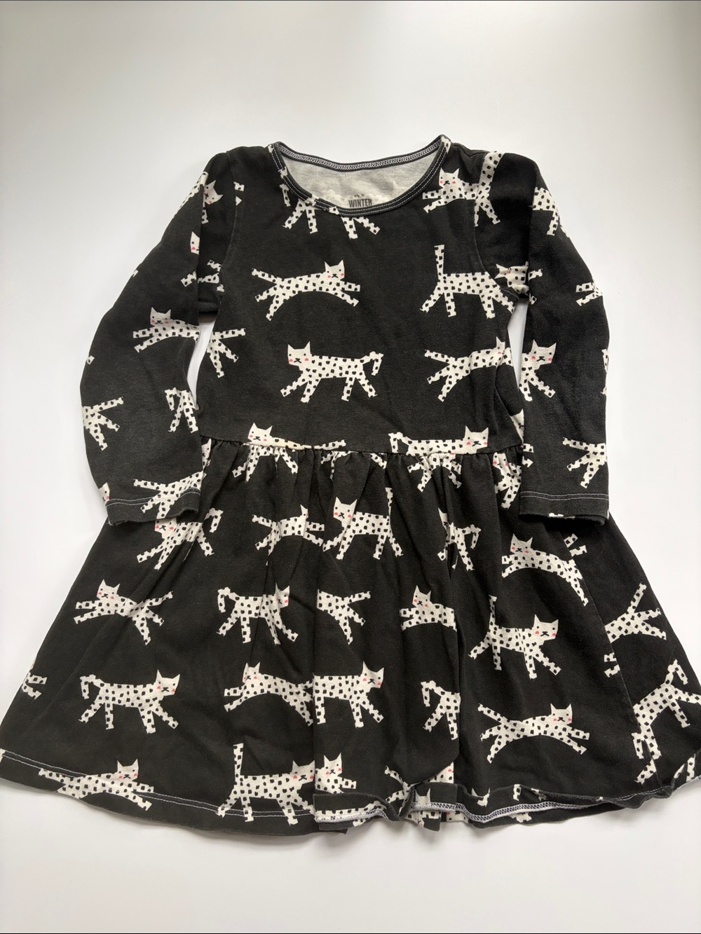 Winter Water Factory Black Cat-Print Long Sleeve Twirl Dress